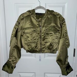 Women's Olive Green Satin Cropped Jacket
